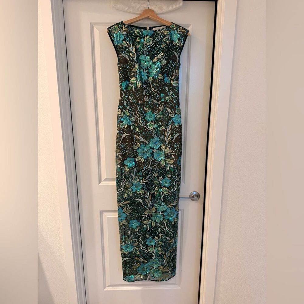 NWOT BRONX AND BANCO Violet Teal Maxi Dress, Elegant Green Floral Sequin Gown - Picture 4 of 15